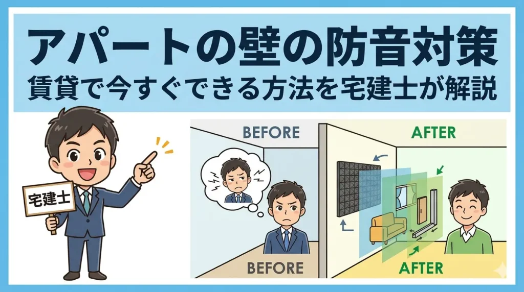 アパートの壁の防音対策を宅建士が解説するアイキャッチ。賃貸でできる遮音・吸音対策と家具配置のビフォーアフターを図解