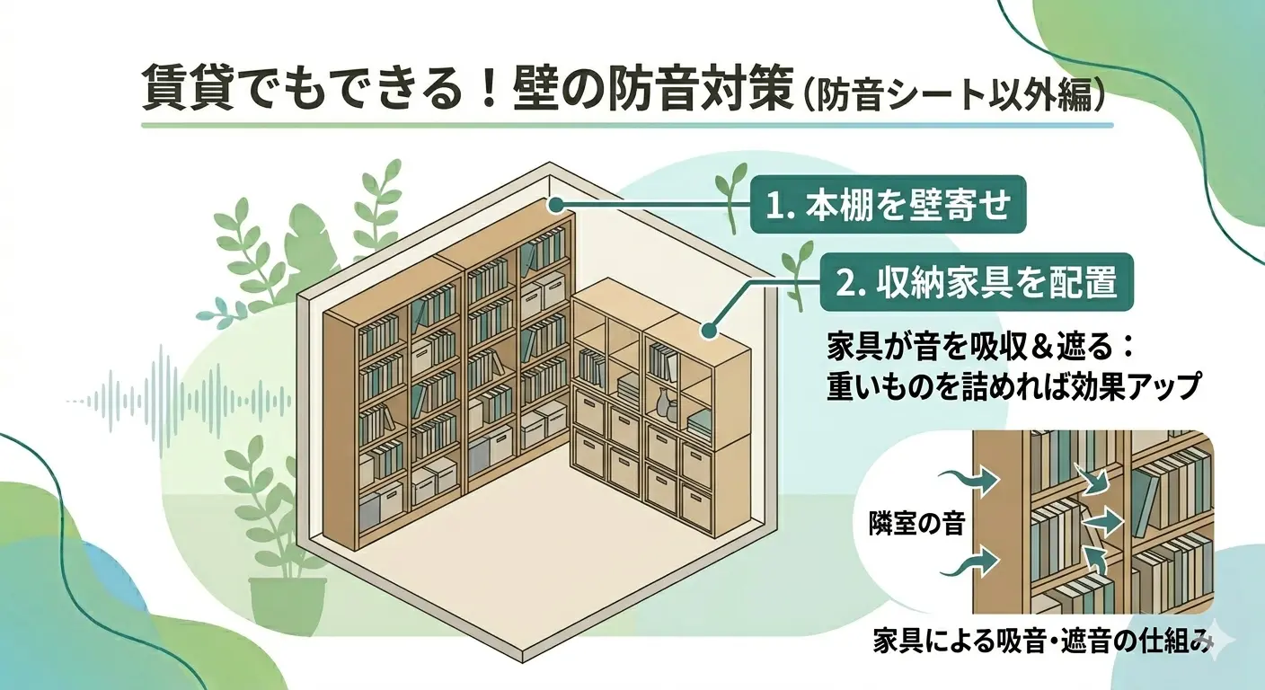 防音シート以外でできるアパートの壁の防音対策の図解。本棚を壁に寄せ、重い収納家具を配置して隣室の音を吸収・遮る方法を示す