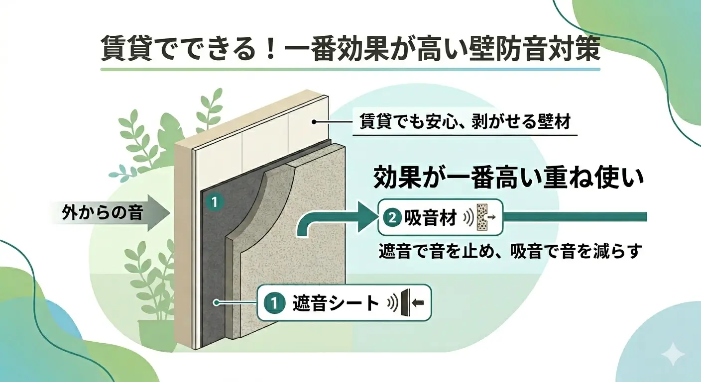 賃貸の壁の防音対策で効果が高い「遮音シート+吸音材の重ね使い」の断面図解。壁側に遮音シート、室内側に吸音材を重ね、剥がせる壁材で仕上げる構造