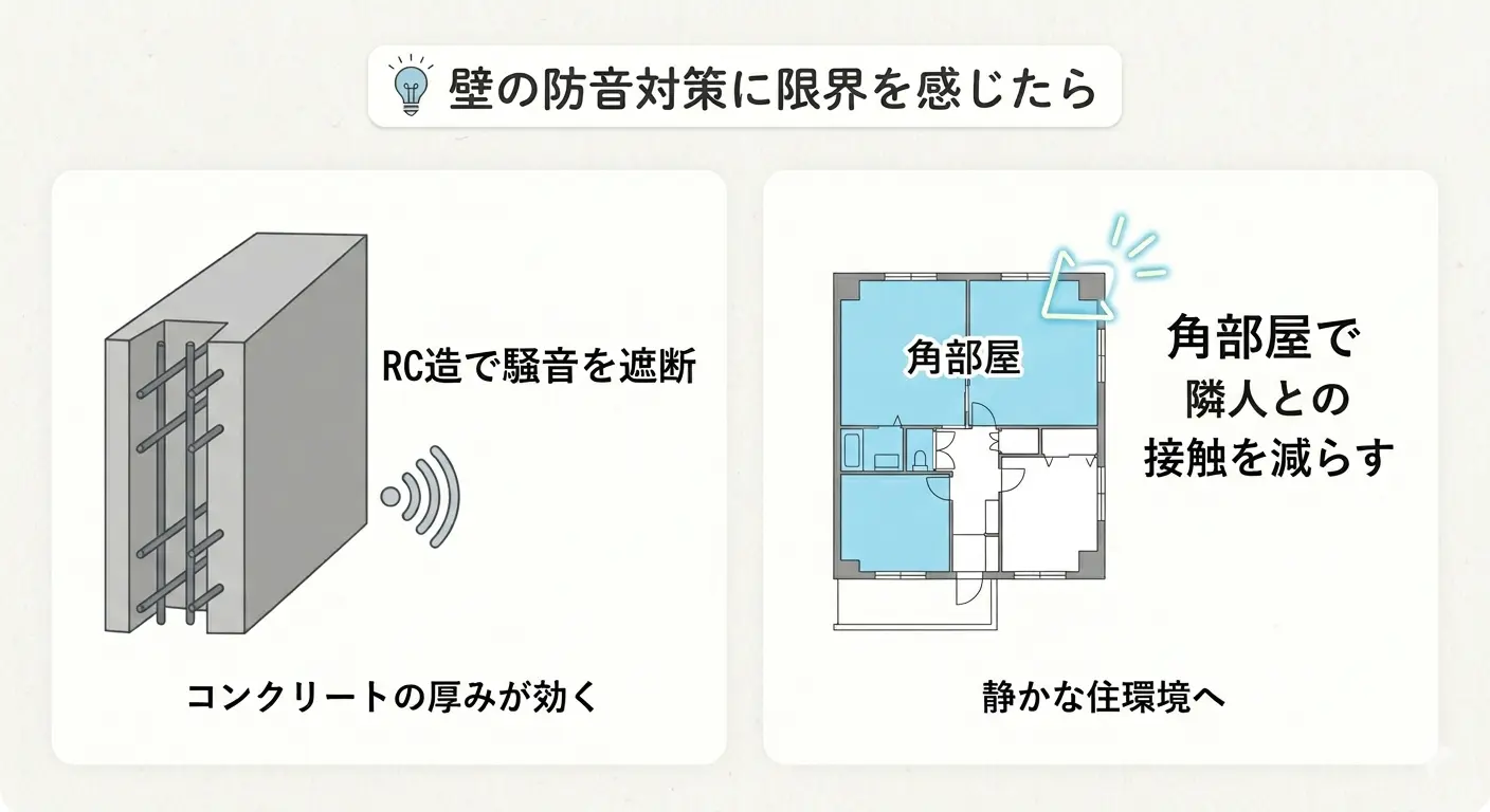壁の防音対策に限界を感じたときの根本解決の図解。RC造はコンクリートの厚みで騒音を遮断し、角部屋は隣人との接触を減らせることを示す