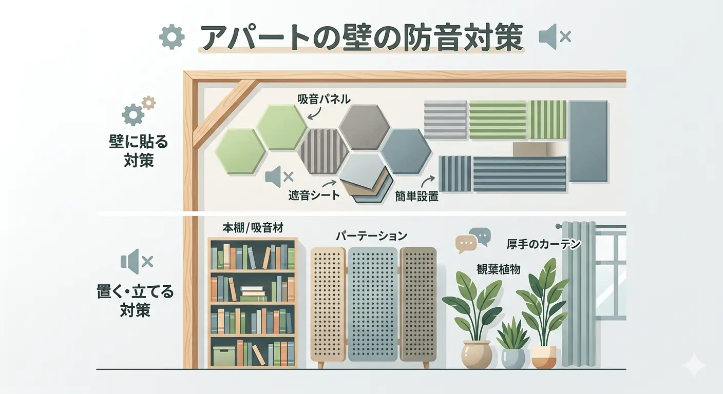 アパートの壁の防音対策の種類を示す図解。壁に貼る対策(吸音パネル・遮音シート)と、置く・立てる対策(本棚・吸音材・パーテーション・厚手のカーテン)を上下で比較
