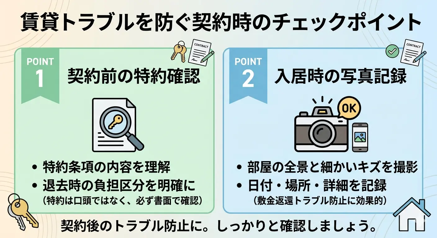 賃貸トラブルは、契約前の特約確認と入居時の写真記録の2点で、多くを防げます。