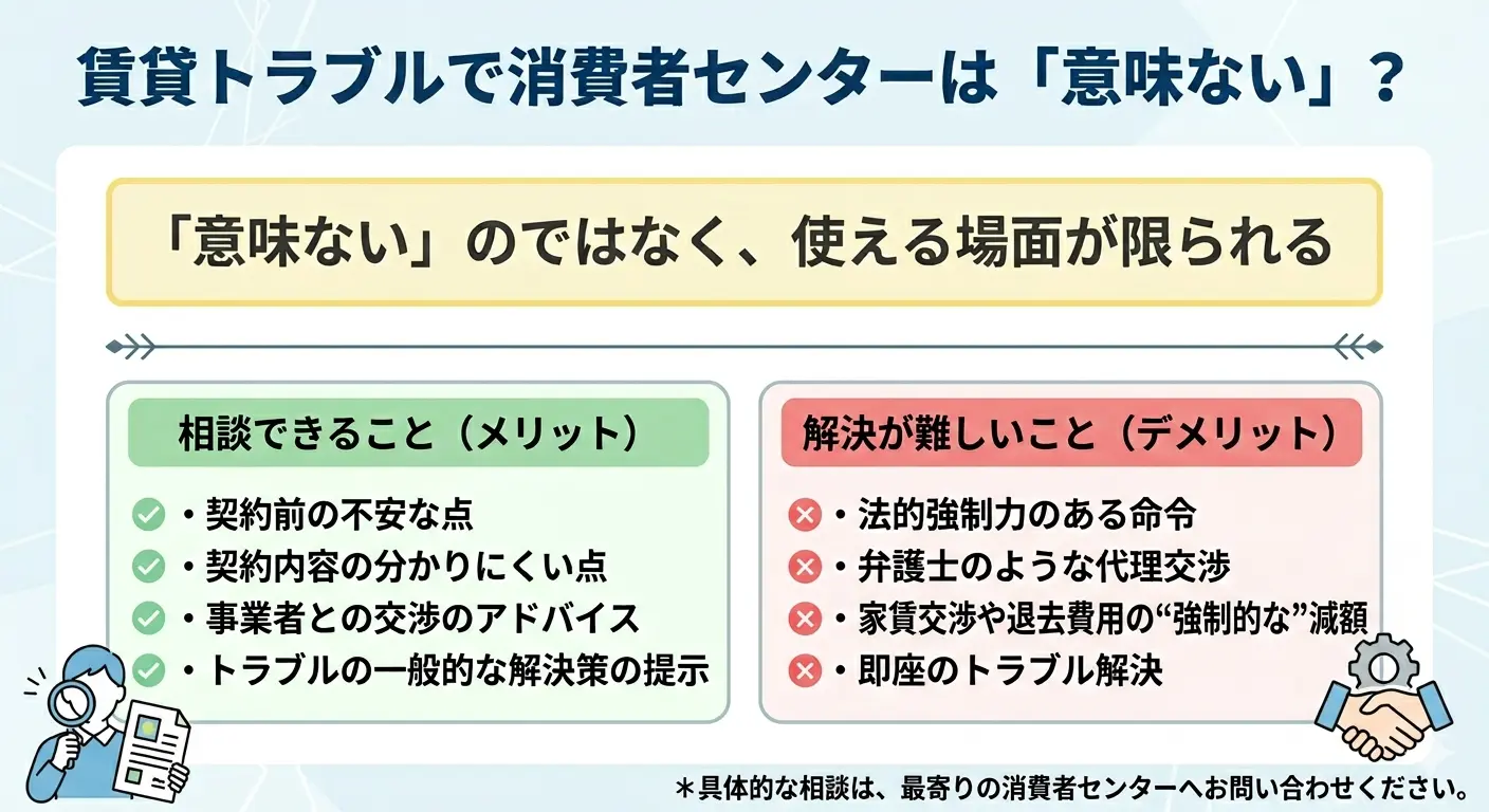 賃貸トラブルで消費者センターに相談できることと解決が難しいことを整理した比較図