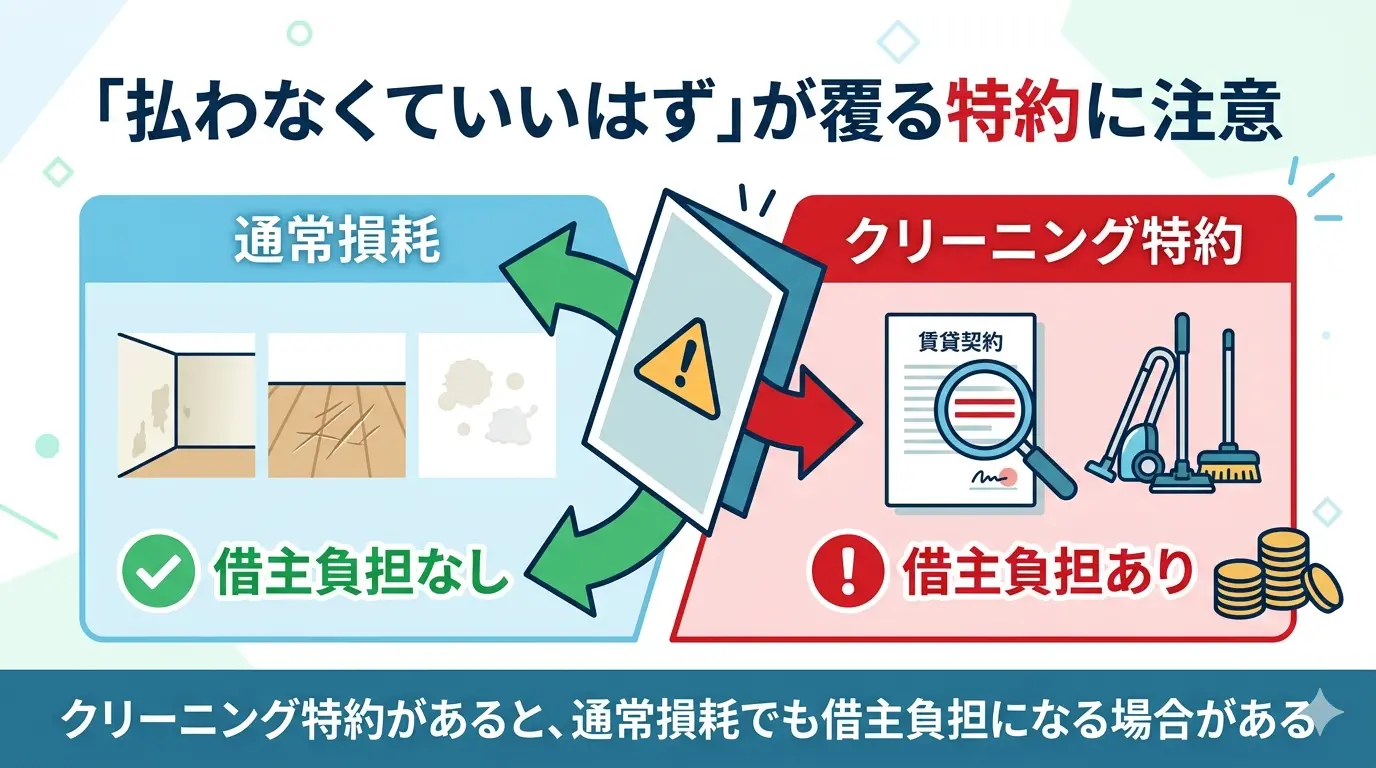 クリーニング特約の注意点を示した図。通常損耗は借主負担なしだが、クリーニング特約があると通常損耗でも借主負担になる場合があることを比較