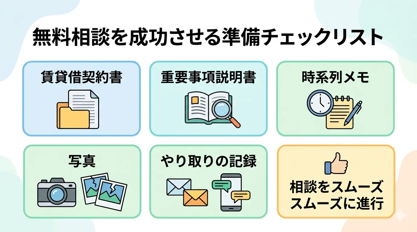 無料相談前にそろえる賃貸借契約書・重要事項説明書・時系列メモ・写真・やり取りの記録を示すチェックリスト図解