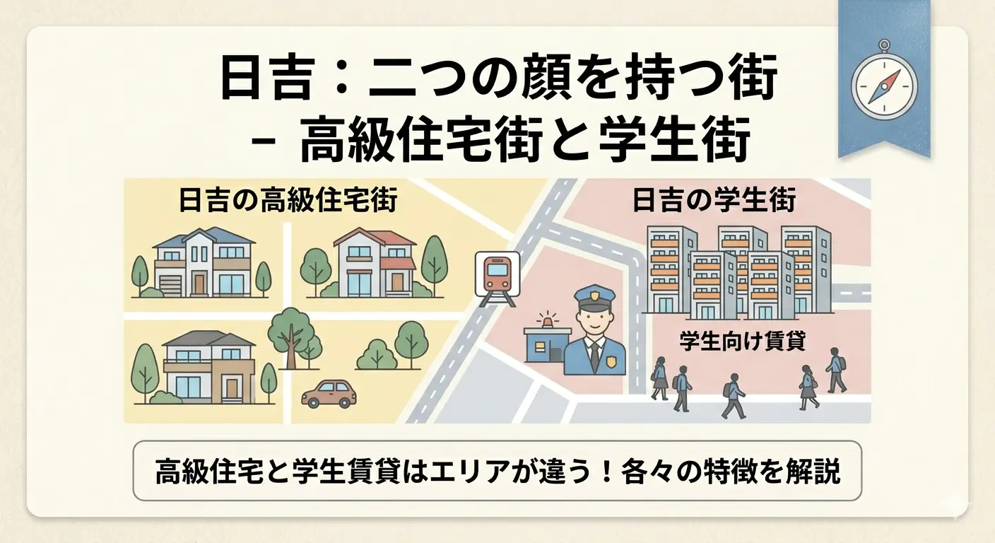 日吉は高級住宅街と学生街でエリアが分かれていることを示す図解。駅から離れた戸建ての高級住宅街と、駅近の学生向け賃貸アパートのエリアの違い