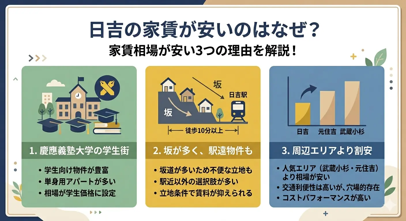 日吉の家賃が安い3つの理由を解説する図解。慶應義塾大学の学生街で物件が多い・坂が多く駅遠物件もある・武蔵小杉や元住吉より相場が割安