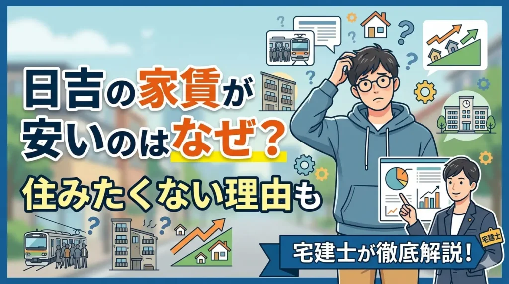 日吉の家賃が安いのはなぜ？住みたくない理由を宅建士が解説する記事のアイキャッチ。疑問を抱く一人暮らし男性と、電車・学生街の校舎・上昇する家賃グラフのイラスト