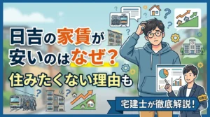 日吉の家賃が安いのはなぜ?住みたくない理由を宅建士が解説する記事のアイキャッチ。疑問を抱く一人暮らし男性と、電車・学生街の校舎・上昇する家賃グラフのイラスト
