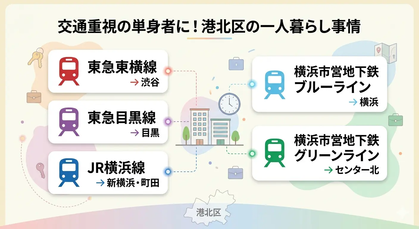 港北区の賃貸で一人暮らしに使える路線図。東急東横線・目黒線、JR横浜線、横浜市営地下鉄ブルーライン・グリーンラインの5路線が通る