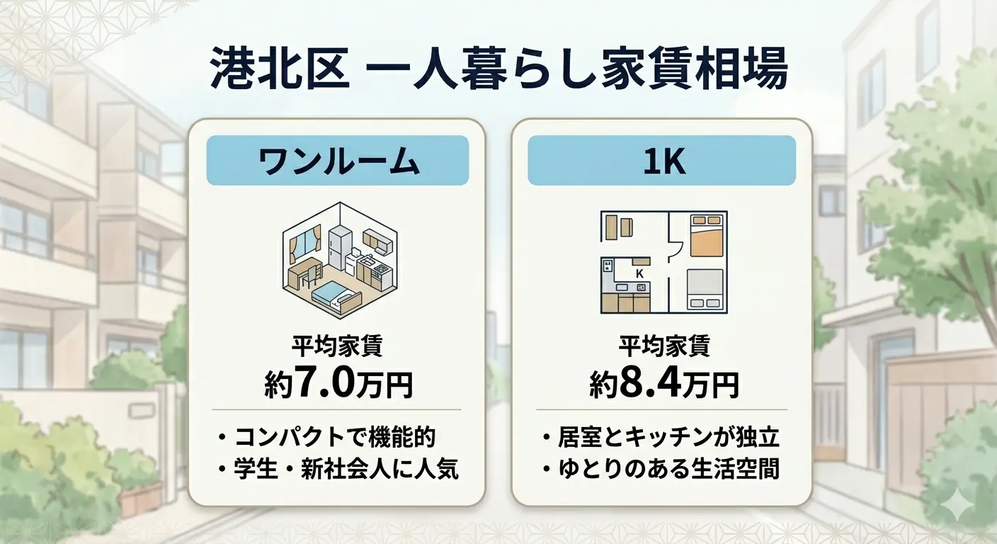 港北区の賃貸で一人暮らしの家賃相場。ワンルームの平均家賃は約7.0万円、1Kは約8.4万円(Yahoo!不動産・2026年6月時点)