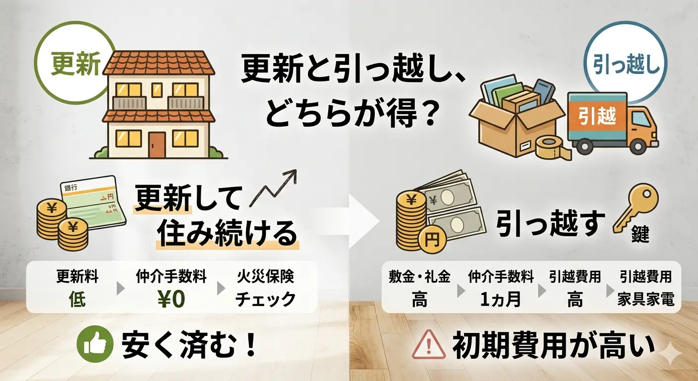 更新と引っ越しの費用を比較した図解。更新して住み続けると更新料や火災保険程度で安く済み、引っ越すと敷金礼金・仲介手数料・引越費用・家具家電で初期費用が高くなることを示している