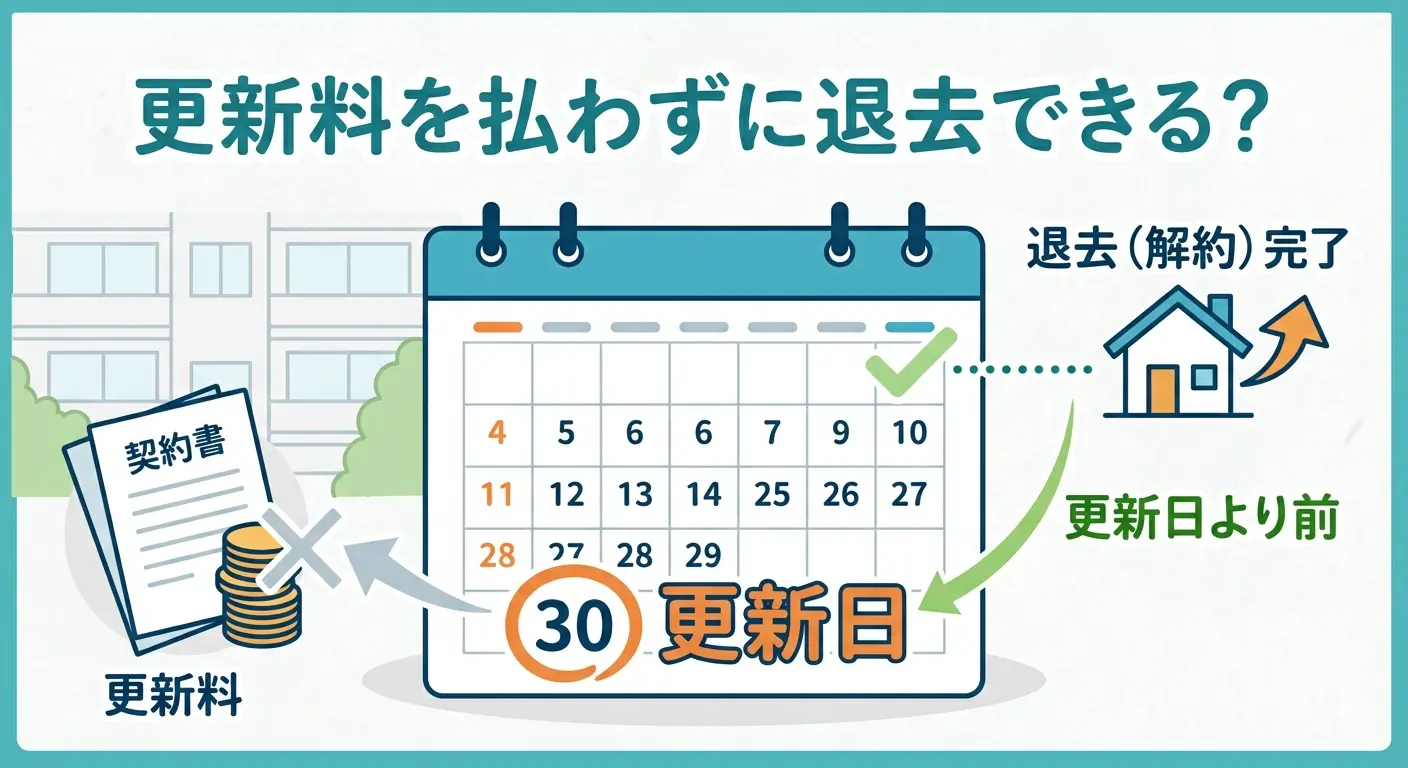 更新料を払わずに退去できる仕組みの図解。更新日の前日までに退去（解約）を完了すれば更新料がかからないことをカレンダーで示している