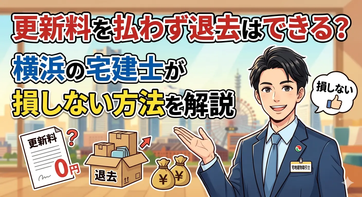 更新料を払わず退去はできるかを横浜の宅建士が解説するアイキャッチ画像。更新料0円の書類と引っ越しの段ボール、横浜の街並みのイラスト
