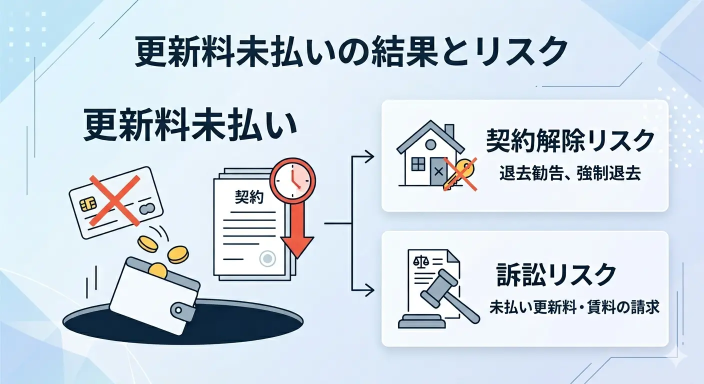 更新料を払わないとどうなるかを示す図解。更新料の未払いは契約解除リスク（退去勧告・強制退去）と訴訟リスク（未払い更新料・賃料の請求）につながることを表している