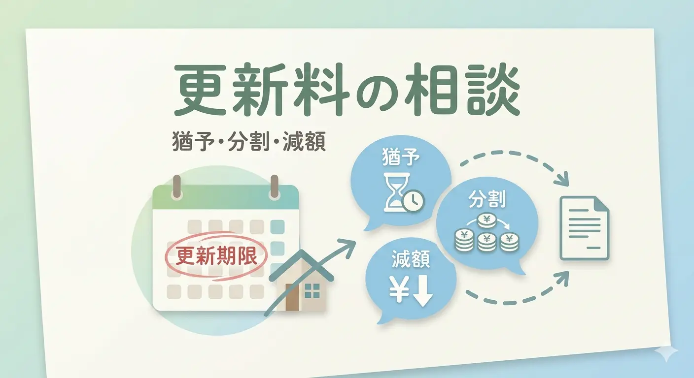 更新料の相談方法を示す図解。更新期限までに支払いの猶予・分割・減額を大家や管理会社に相談できることを表している