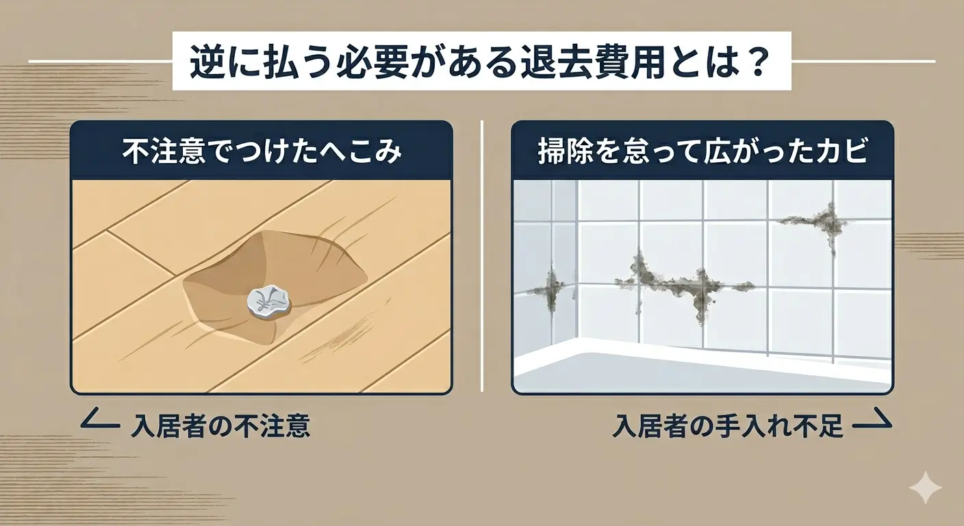 逆に払う必要がある退去費用の例を示した図。不注意でつけた床のへこみと、掃除を怠って広がったカビ(入居者の故意・過失による損傷)を比較