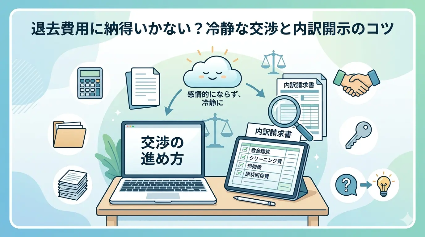 退去費用に納得いかないときの交渉のコツを示した図。感情的にならず冷静に、見積書の内訳開示を求める交渉の進め方を表現