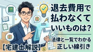 退去費用で払わなくていいものを宅建士が解説するアイキャッチ画像。法律と一覧で正しい線引きを示す