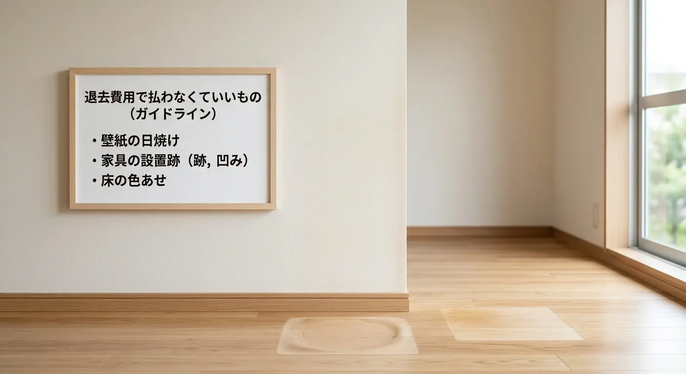 退去費用で払わなくていいものの一覧(壁紙の日焼け・家具の設置跡・床の色あせ)を示した図