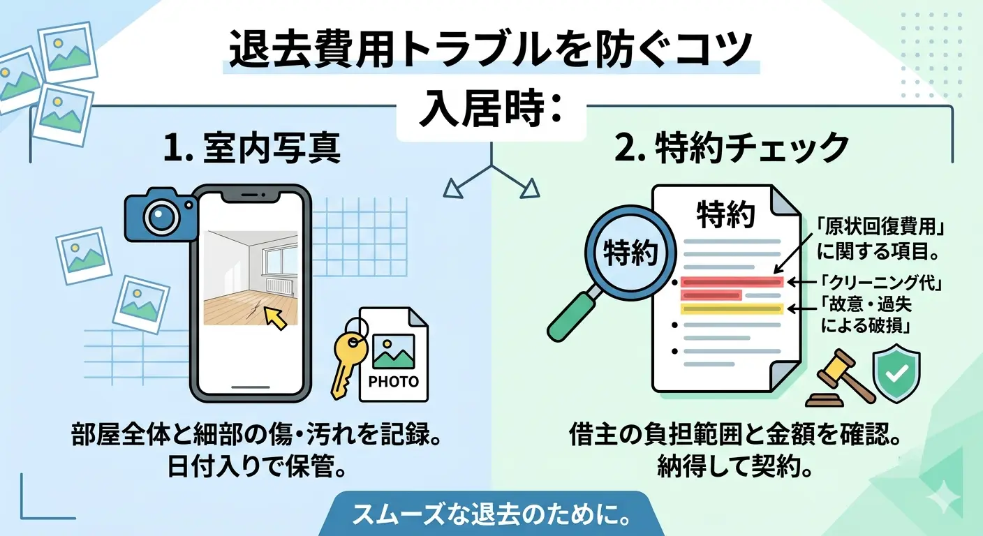 退去費用トラブルを防ぐコツを示した図。入居時にやるべき2つの予防策(室内写真の日付入り記録と契約書の特約チェック)を解説