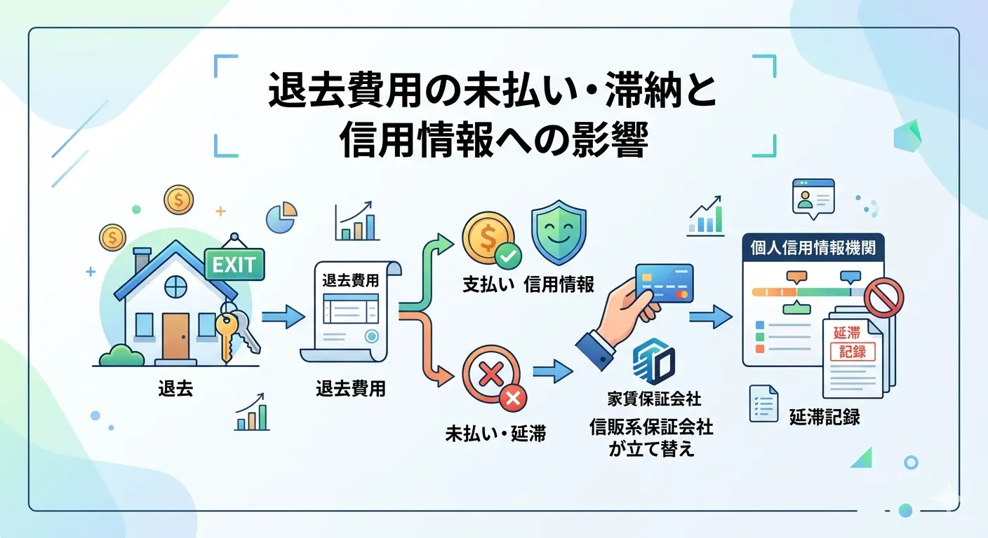 退去費用の未払い・滞納と信用情報への影響を示した図。信販系の家賃保証会社が立て替えると個人信用情報機関に延滞記録が登録される流れを表現