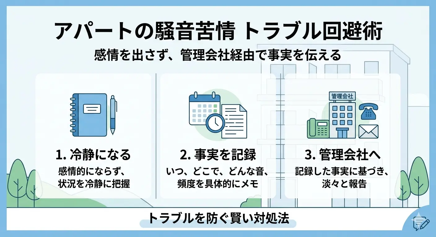 アパートの騒音苦情の入れ方|冷静になる・事実を記録・管理会社へ報告でトラブルを防ぐ3つのコツの図解