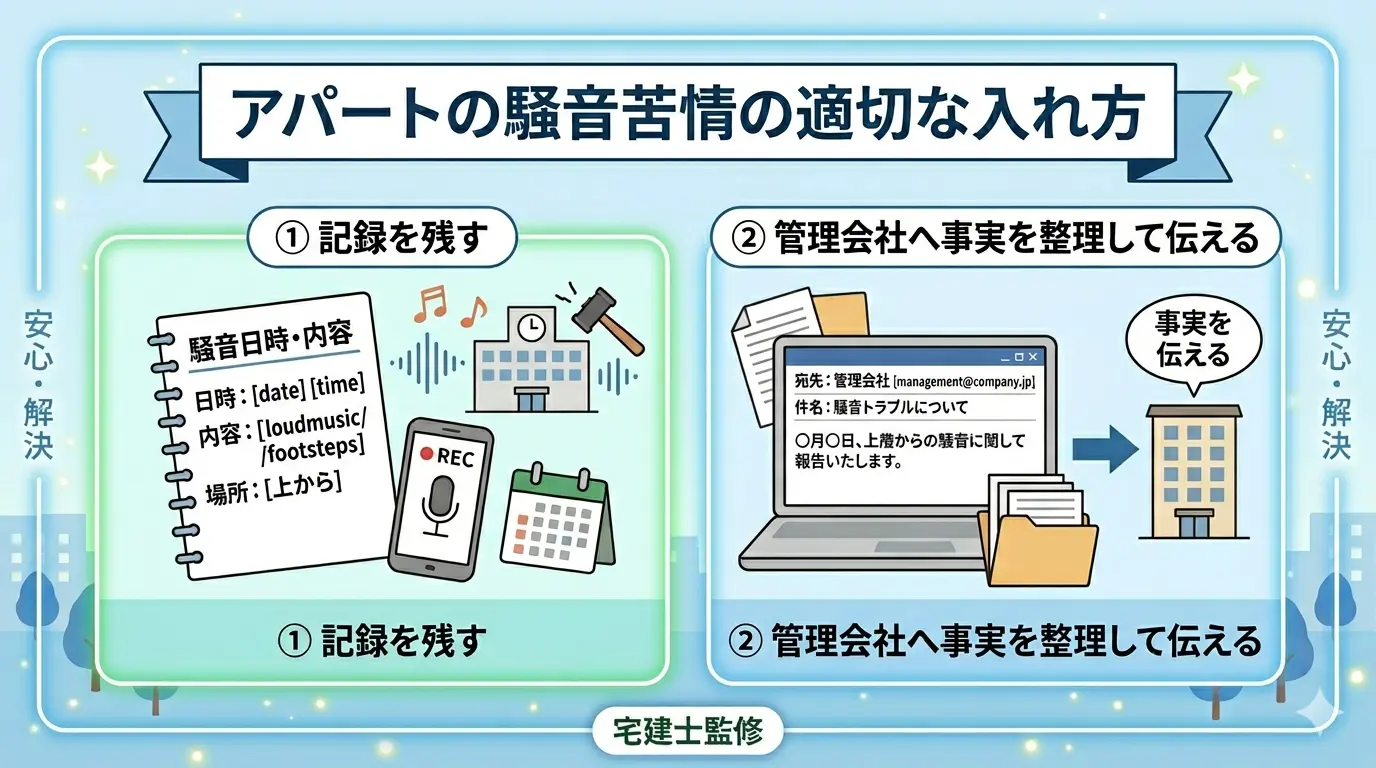 アパートの騒音苦情の入れ方|記録を残して管理会社へ事実を整理して伝える2ステップの図解