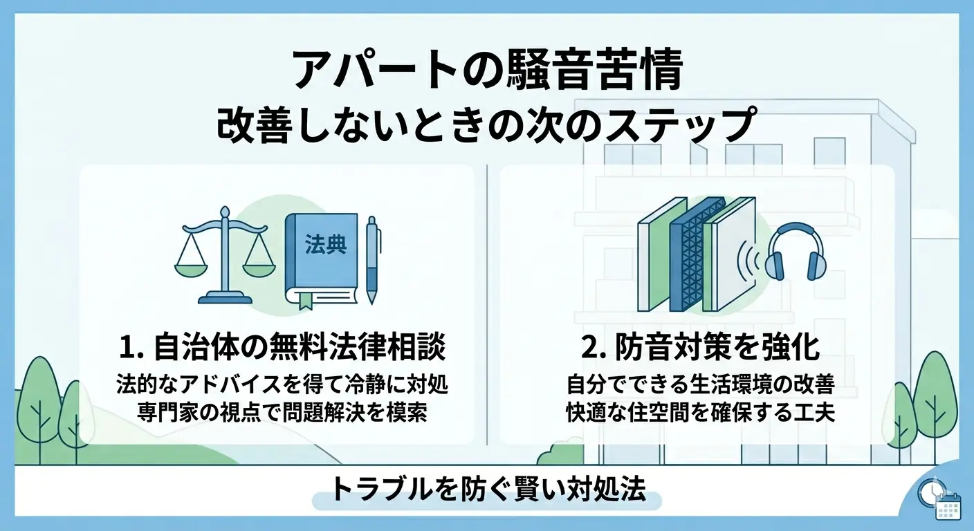 アパートの騒音苦情の入れ方|改善しないときに自治体の無料法律相談と防音対策で対処する図解
