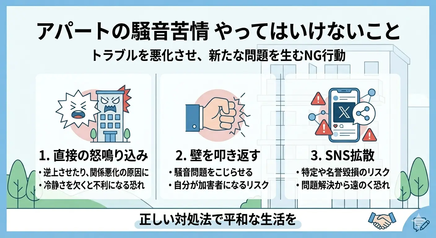 アパートの騒音苦情の入れ方|直接の怒鳴り込み・壁を叩き返す・SNS拡散の3つのNG行動の図解