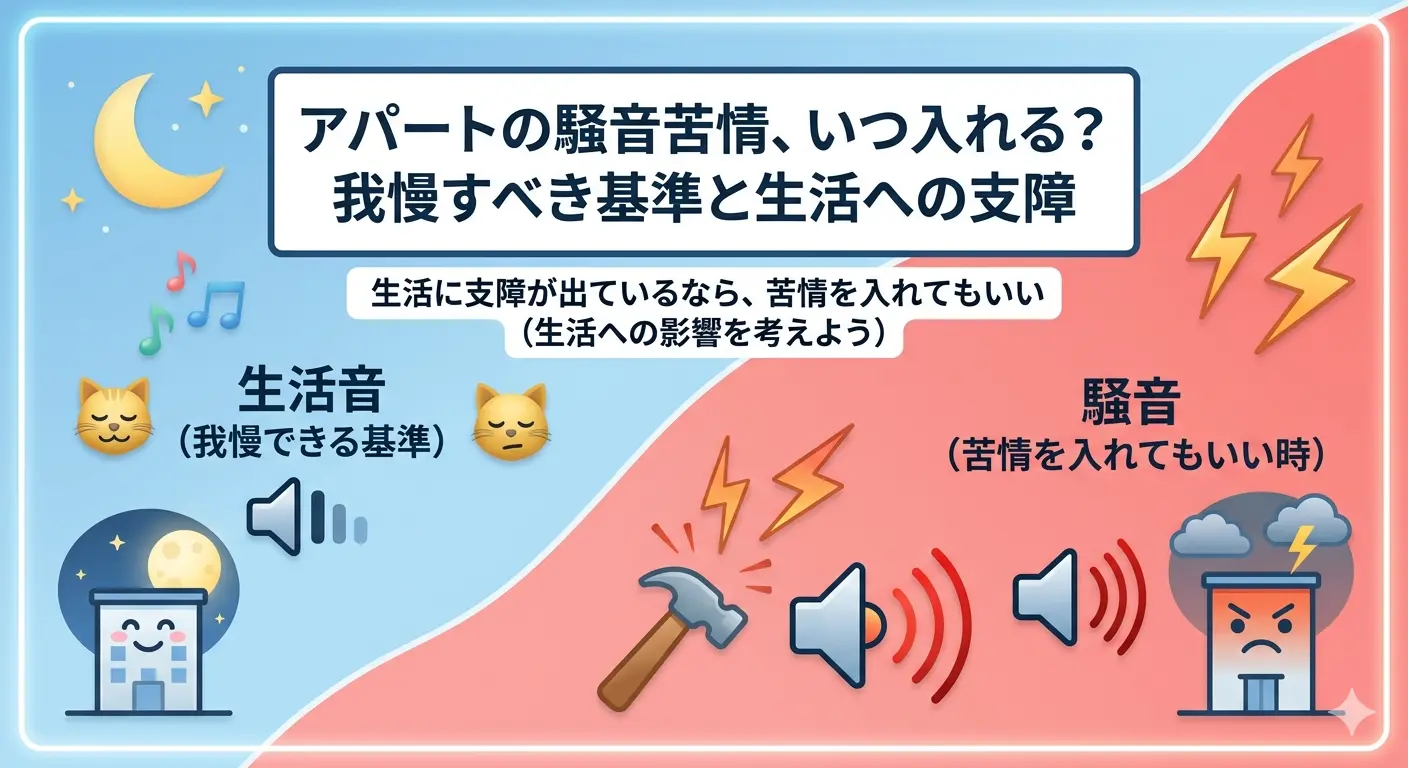 アパートの騒音苦情の入れ方|我慢できる生活音と苦情を入れてもいい騒音の違いを示す図解