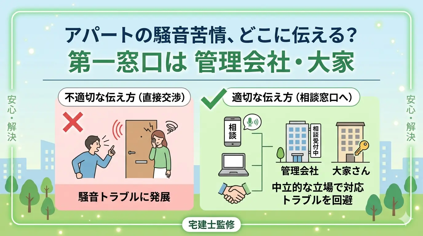 アパートの騒音苦情の入れ方|直接交渉はNG・管理会社や大家への相談が適切な伝え方を示す図解