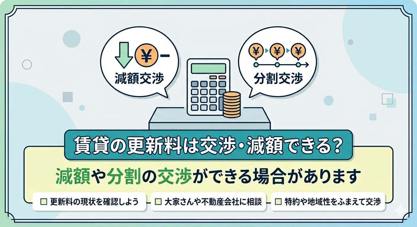 賃貸の更新料の交渉方法を示す図解。減額交渉と分割交渉の2つの方法と、現状確認・相談・特約や地域性をふまえた交渉のポイントを説明