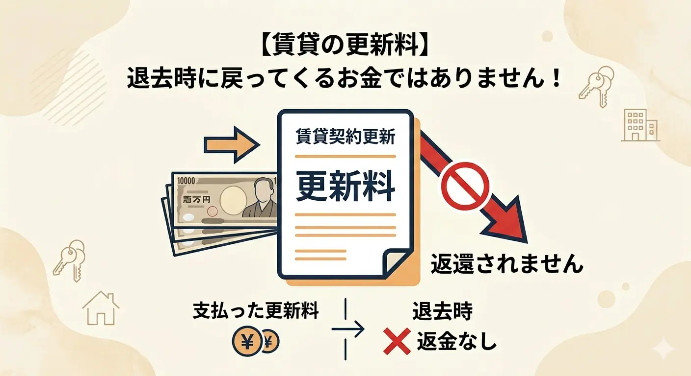 賃貸の更新料は退去時に戻ってこないことを示す図解。支払った更新料は返金されないと説明
