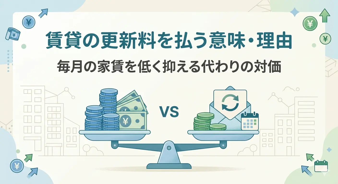賃貸の更新料を払う意味を表す図解。毎月の家賃を低く抑える代わりに更新料を払う仕組みを天秤で説明