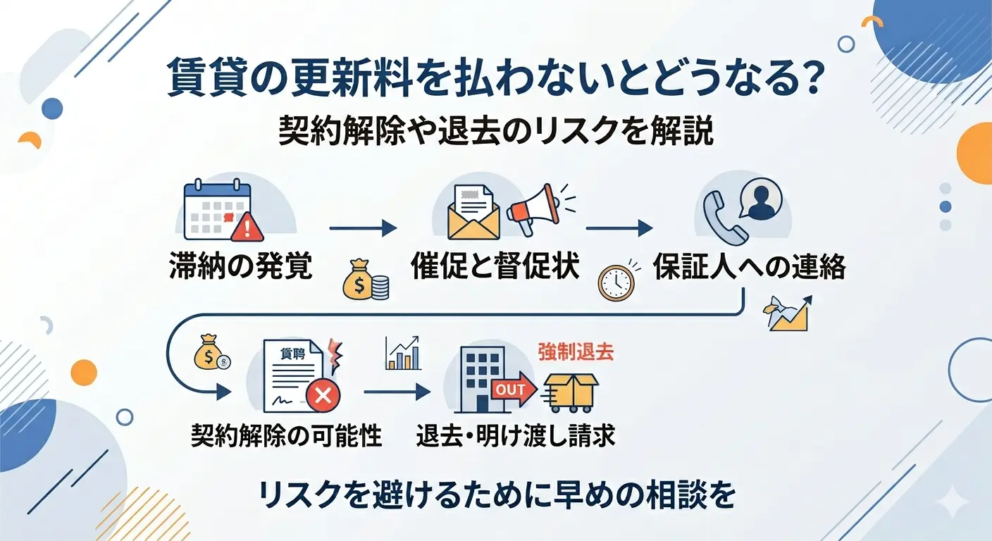 賃貸の更新料を払わないとどうなるかを示す図解。滞納の発覚から催促、保証人への連絡、契約解除の可能性、退去・明け渡し請求までの流れを説明