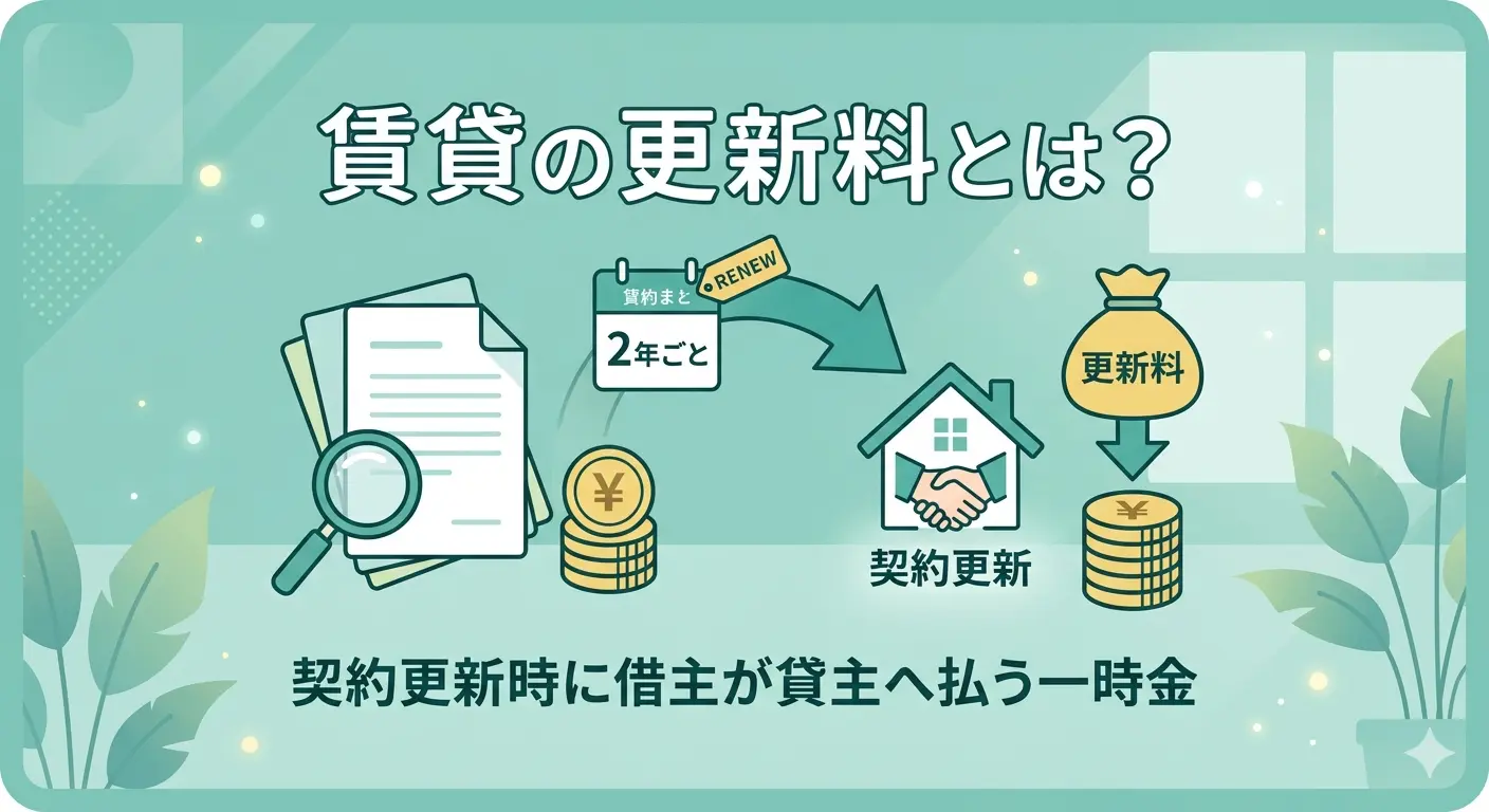 賃貸の更新料とは契約更新時に借主が貸主へ払う一時金であることを示す図解。2年ごとの契約更新の流れをイラストで説明