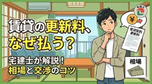 賃貸の更新料はなぜ払うのか悩む男性のイラスト。相場と交渉のコツを宅建士が解説する記事のアイキャッチ