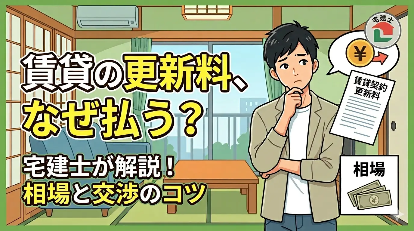 賃貸の更新料はなぜ払うのか悩む男性のイラスト。相場と交渉のコツを宅建士が解説する記事のアイキャッチ