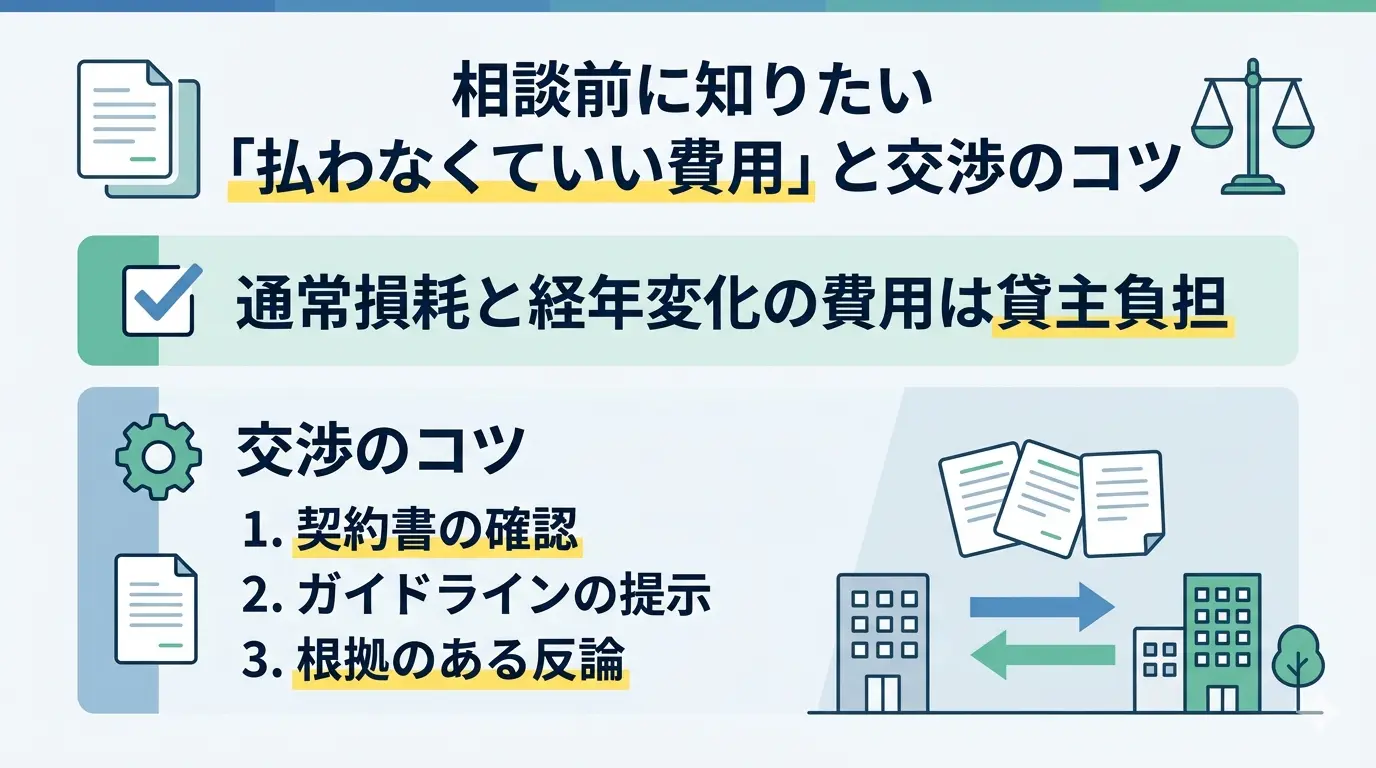 通常損耗と経年変化の費用は貸主負担という原状回復の負担区分と交渉のコツを示す図解