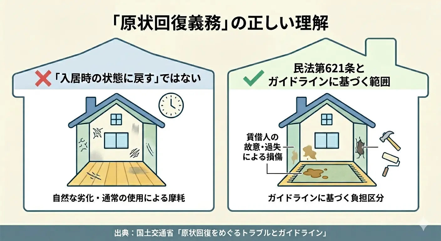 原状回復義務の正しい理解を示した図。入居時の状態に戻すことではなく、民法第621条とガイドラインに基づき借主の故意・過失による損傷が対象であることを左右で比較