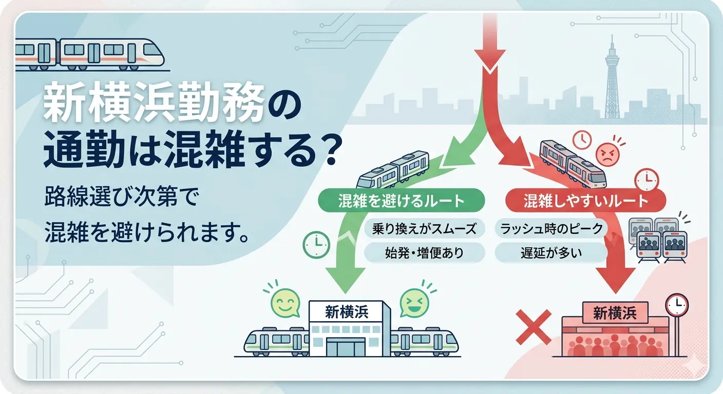 新横浜勤務の通勤は混雑する?路線選び次第で混雑を避けられることを示す図解。混雑を避けるルートと混雑しやすいルートの比較