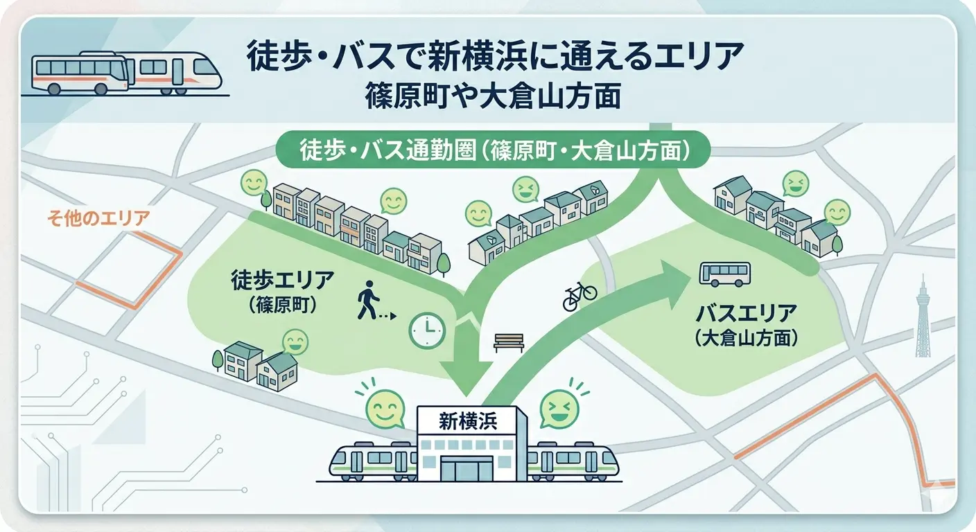 新横浜に徒歩・バスで通えるエリアの図解。篠原町の徒歩エリアと大倉山方面のバスエリアを紹介