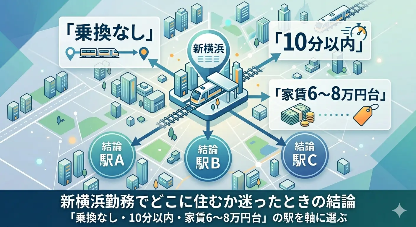 新横浜勤務でどこに住むか迷ったときの結論の図解。乗換なし・10分以内・家賃6〜8万円台の駅を軸に選ぶ
