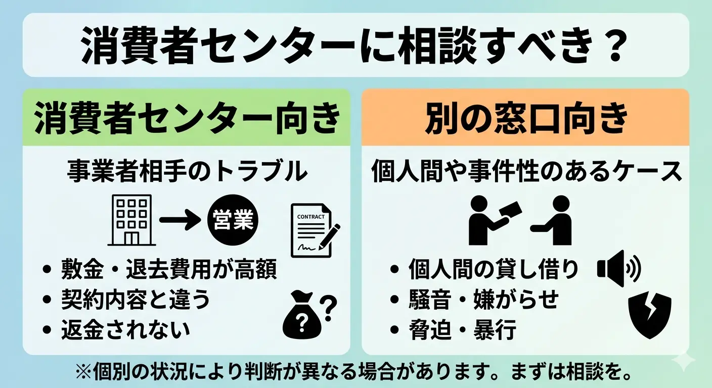 賃貸トラブルで消費者センター向きのケースと別の窓口向きのケースを見分ける比較図