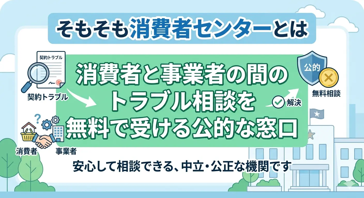 消費者センターは消費者と事業者の間のトラブル相談を無料で受ける公的窓口だと説明する図