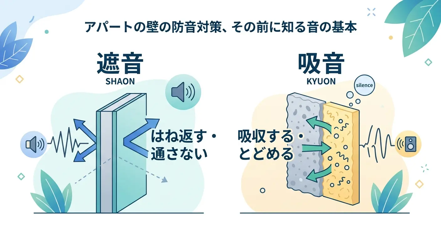 遮音と吸音の違いを示す図解。遮音は音をはね返して通さず、吸音は音を吸収してとどめる仕組みを、アパートの壁の防音対策の基本として比較