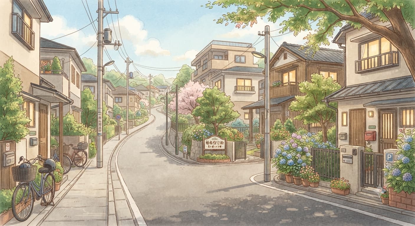 閑静な住宅街と坂道のイメージ。あじさいの咲く落ち着いた街並み