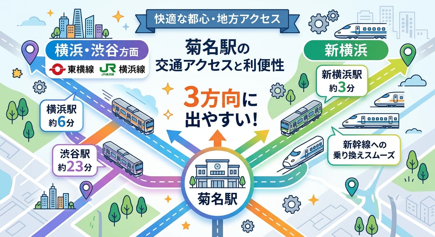 菊名駅は横浜・渋谷・新横浜の3方向に出やすい交通至便な駅。東急東横線とJR横浜線が利用可能