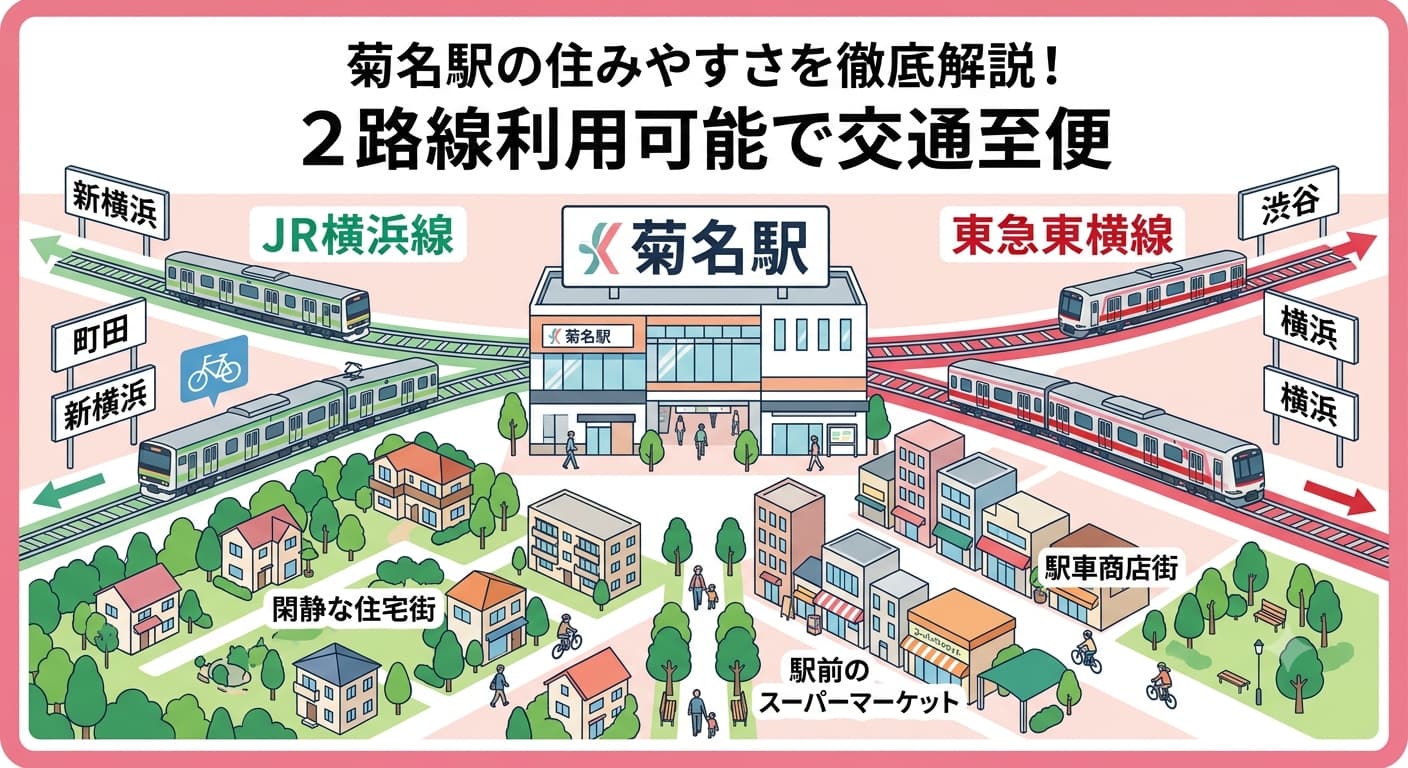 菊名駅はJR横浜線と東急東横線の2路線が使える交通至便な駅。新横浜・渋谷・横浜方面へアクセス